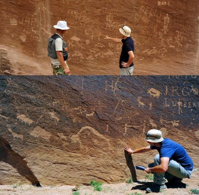 Figure 7. Rock art panels from different periods at the Strawman Panel site in Sandstone Canyon during the documentation.